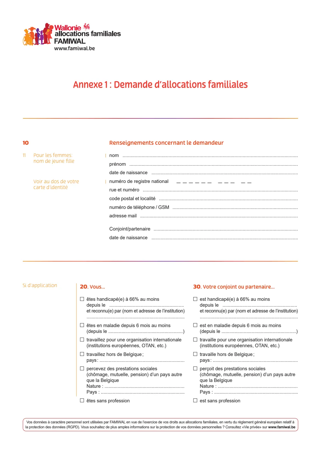 FAMIWAL — family allowance application (2025) Family allowance application, Wallonia (Demande d'allocations familiales) — page 2 of 7