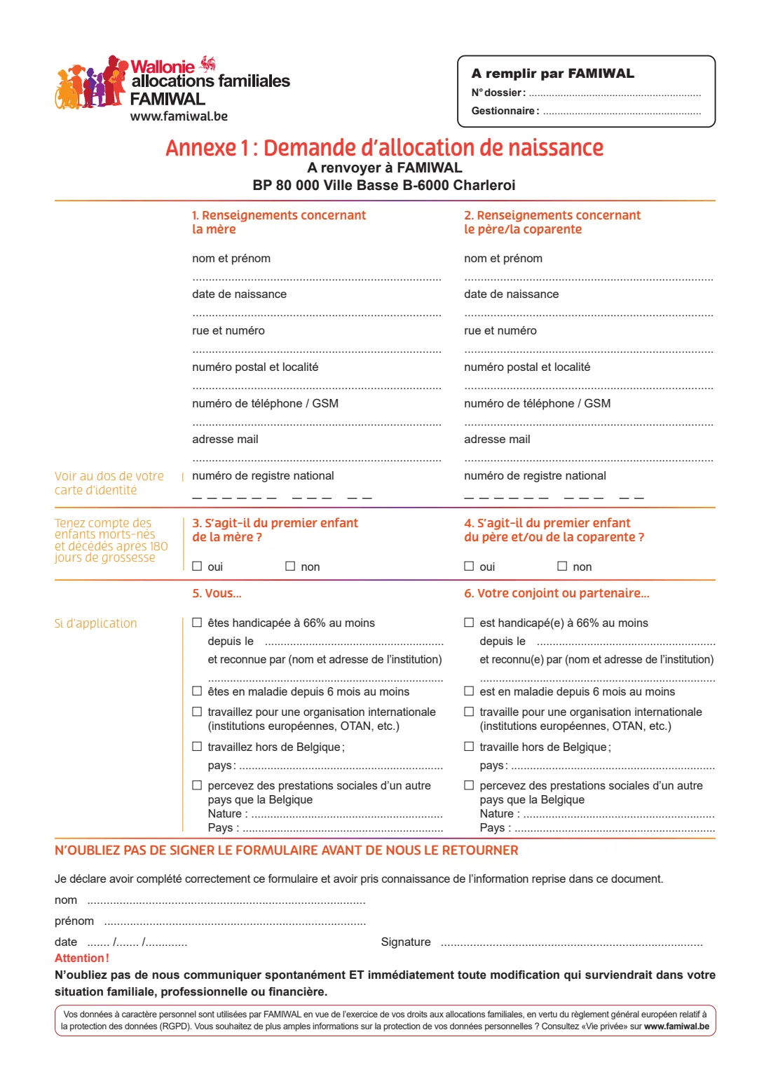 FAMIWAL — birth allowance (modèle E) (2024) Birth allowance application, Wallonia (Demande d'allocation de naissance, modèle E) — page 3 of 7