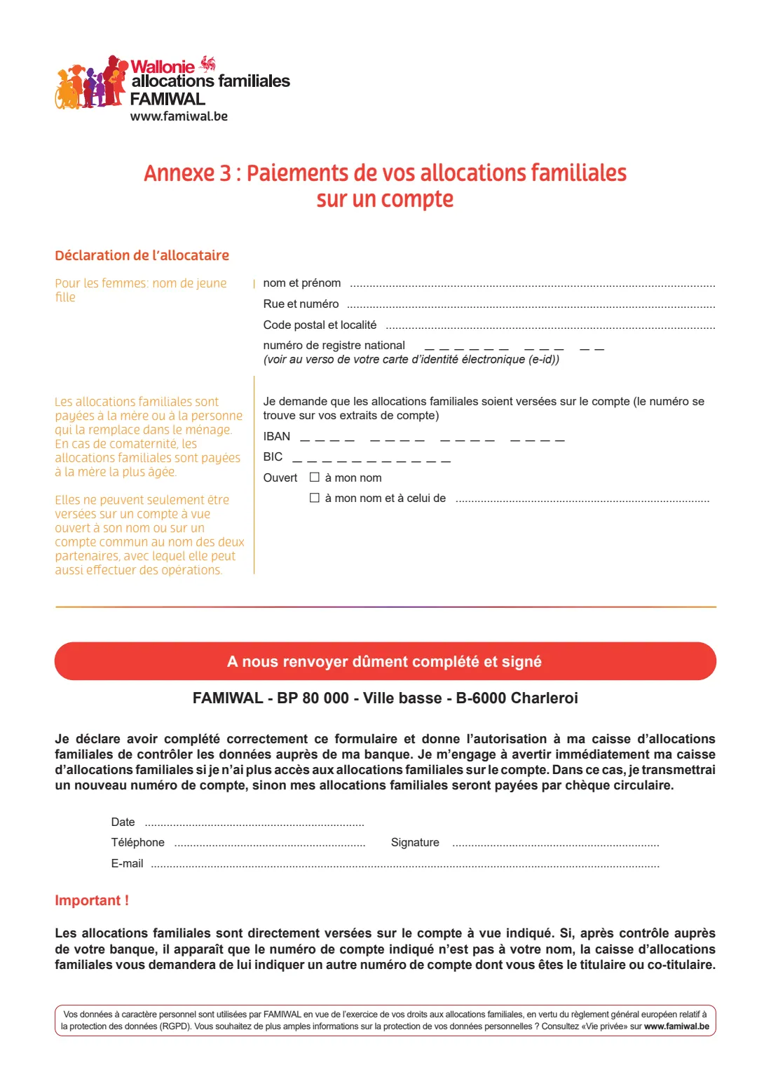 FAMIWAL — birth allowance (modèle E) (2024) Birth allowance application, Wallonia (Demande d'allocation de naissance, modèle E) — page 6 of 7