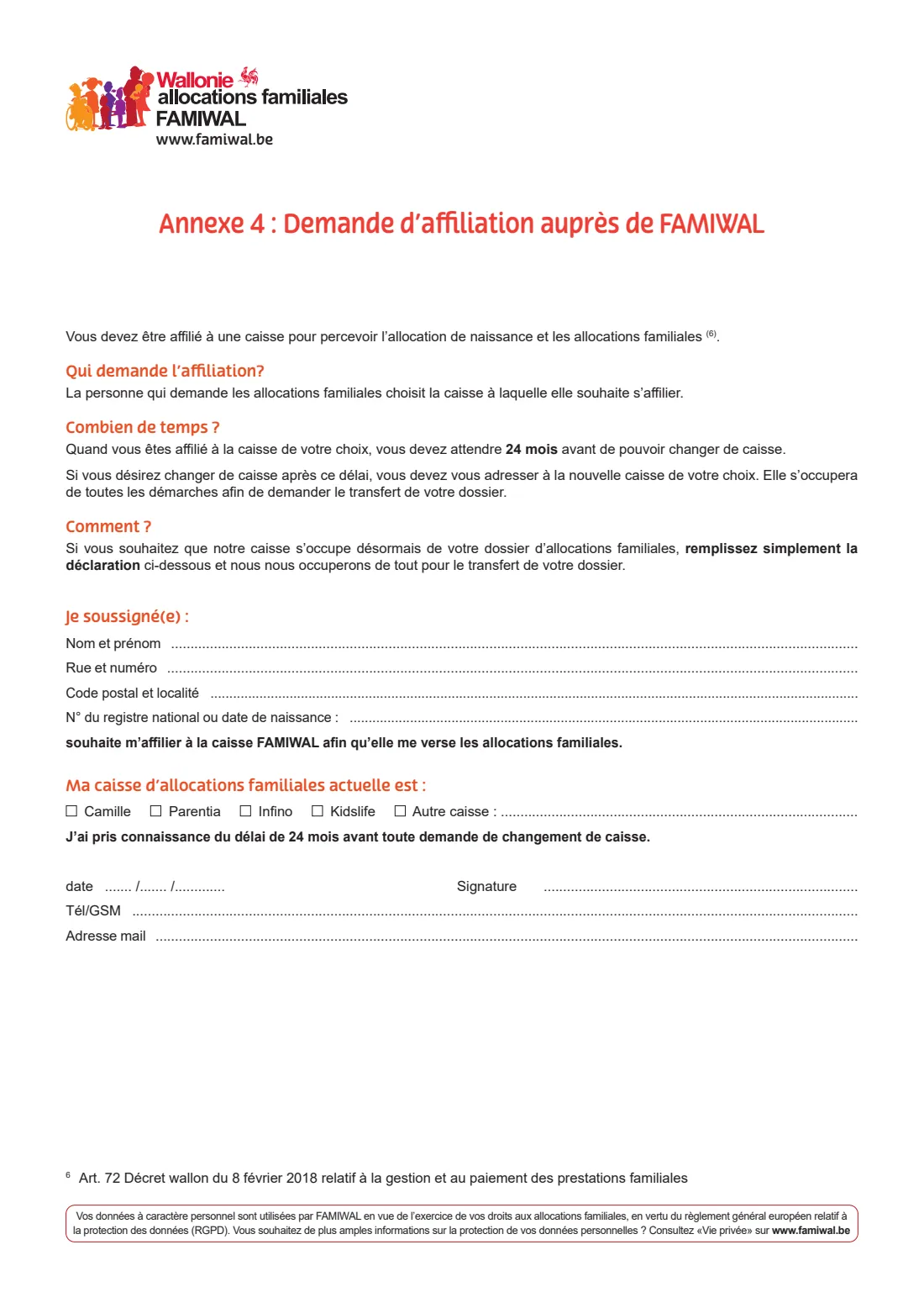 FAMIWAL — birth allowance (modèle E) (2024) Birth allowance application, Wallonia (Demande d'allocation de naissance, modèle E) — page 7 of 7