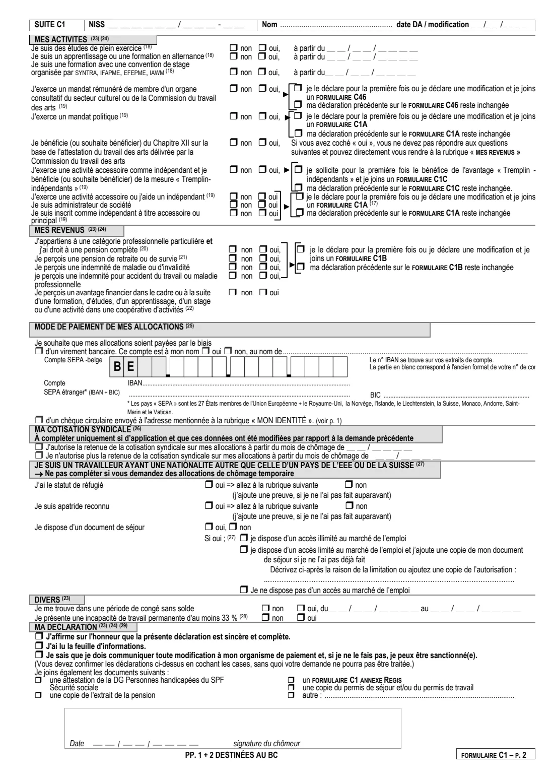 ONEM form C1 (personal and family situation) (2024) Formulaire C1 Déclaration de la situation personnelle et familiale (unemployment benefit declaration) — page 2 of 6