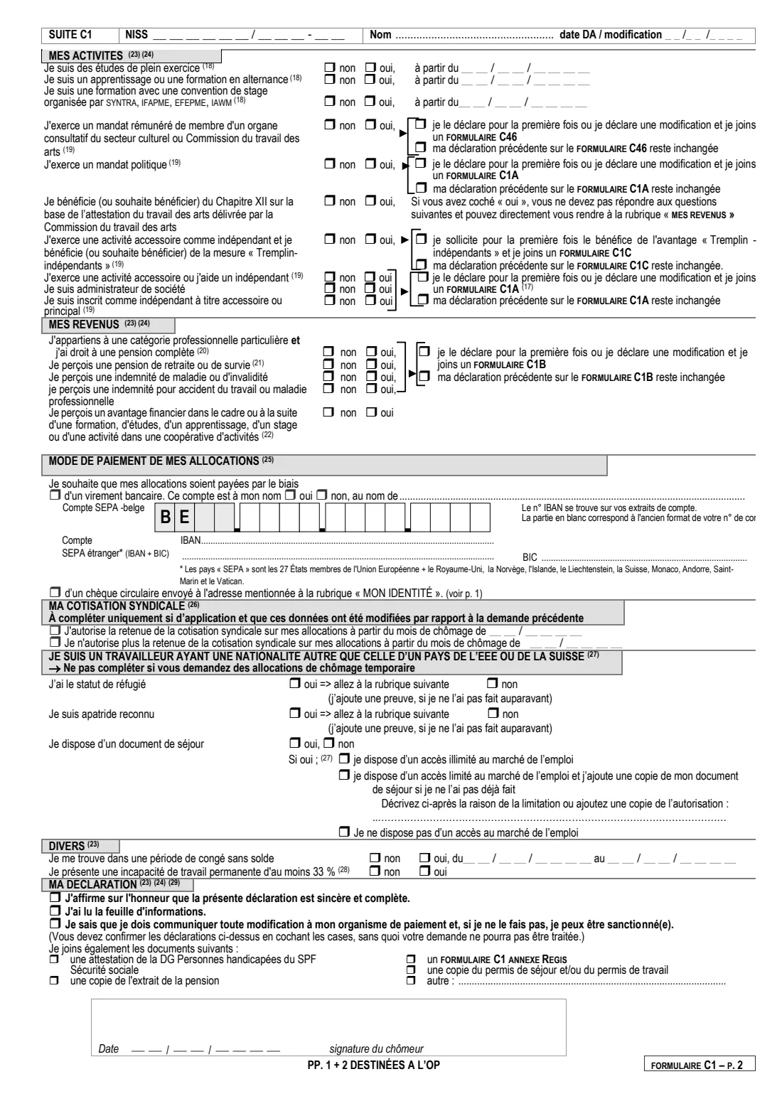 ONEM form C1 (personal and family situation) (2024) Formulaire C1 Déclaration de la situation personnelle et familiale (unemployment benefit declaration) — page 4 of 6