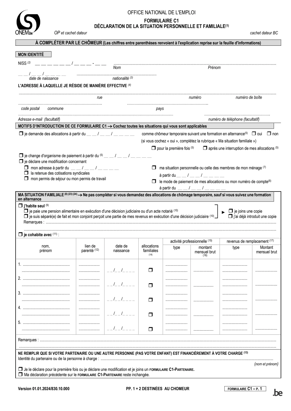 ONEM form C1 (personal and family situation) (2024) Formulaire C1 Déclaration de la situation personnelle et familiale (unemployment benefit declaration) — page 5 of 6