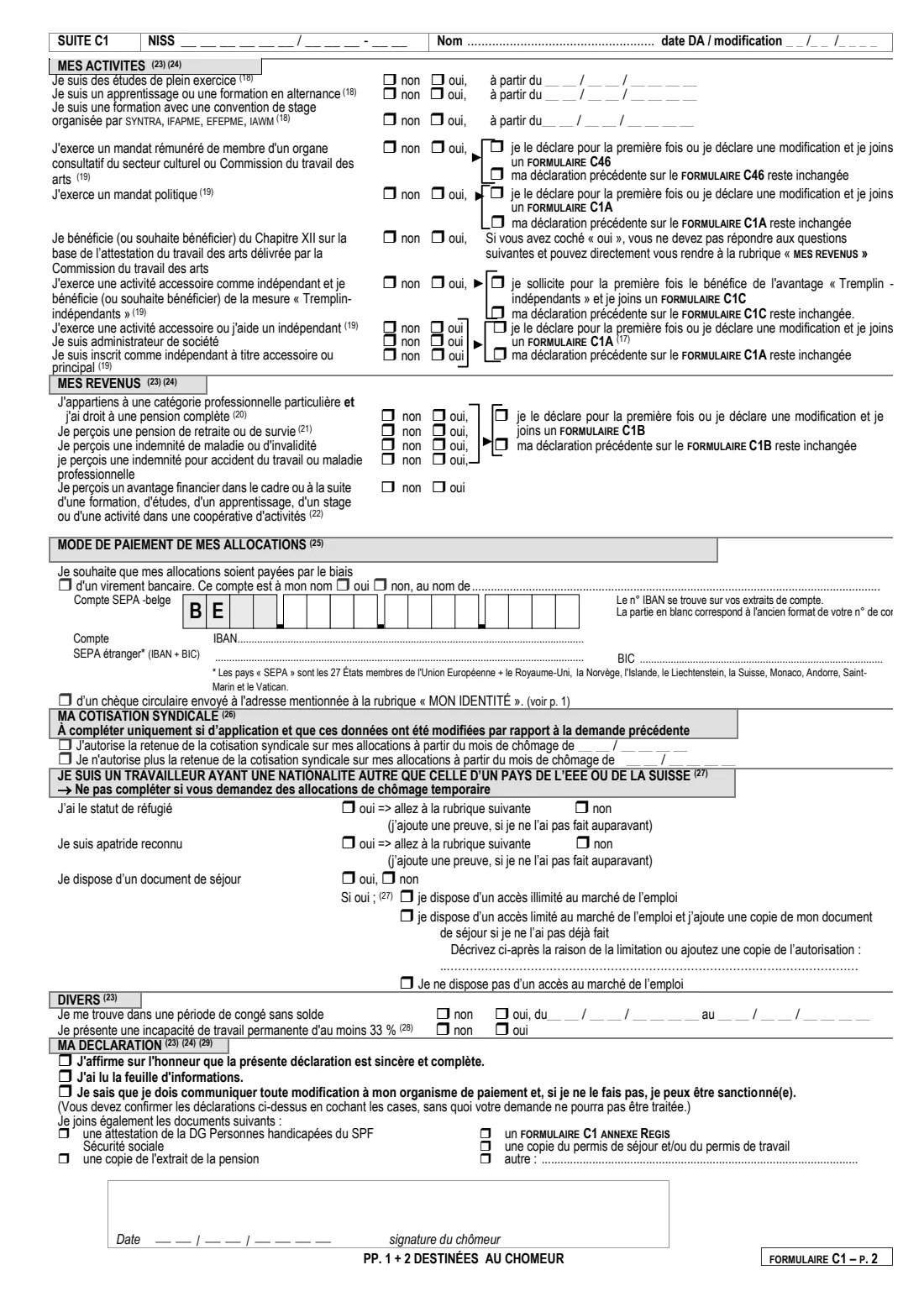 ONEM form C1 (personal and family situation) (2024) Formulaire C1 Déclaration de la situation personnelle et familiale (unemployment benefit declaration) — page 6 of 6