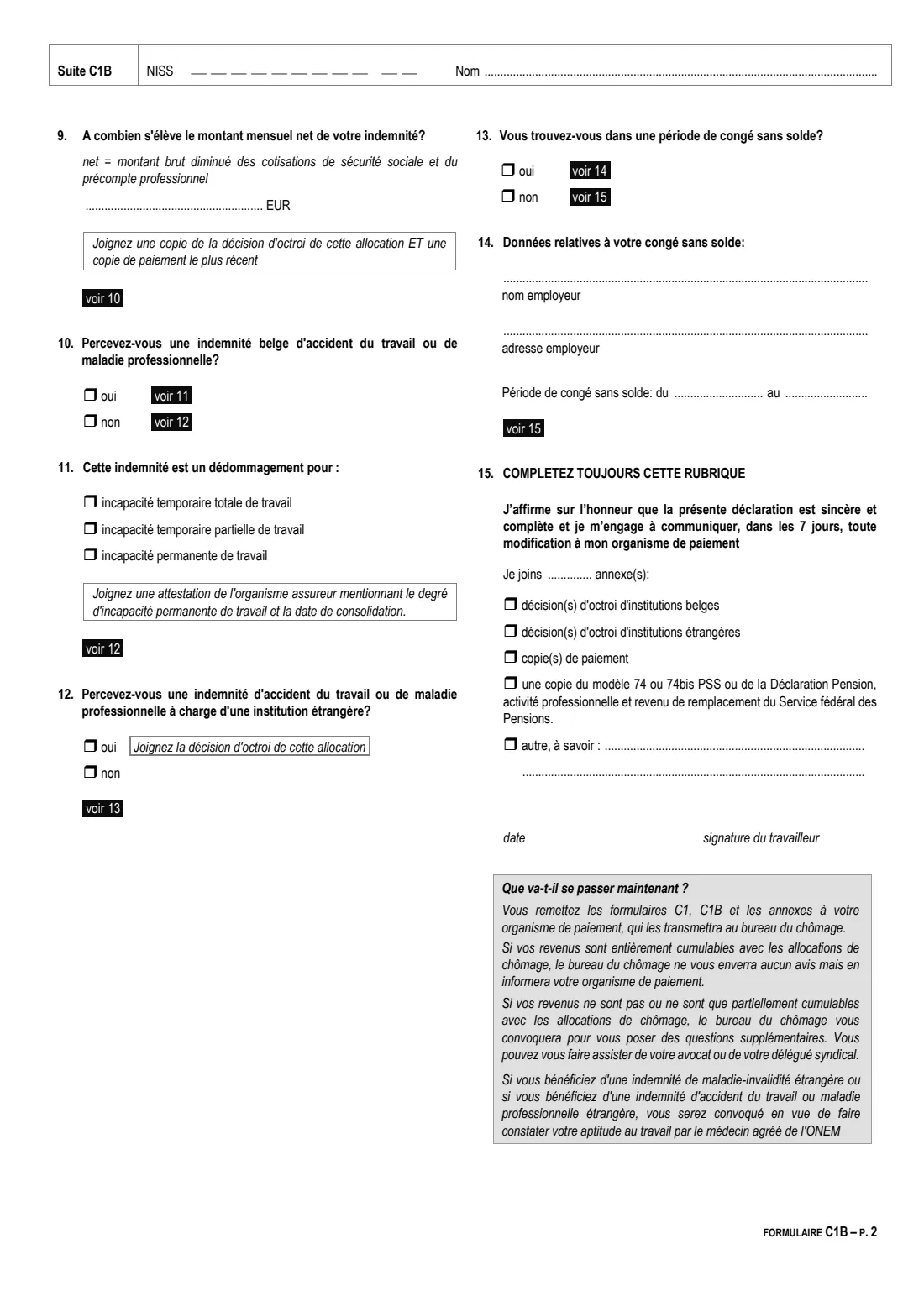 ONEM C1B income declaration (2023) Formulaire C1B — Déclaration de revenus (pension, indemnités, congé sans solde) — page 2 of 2