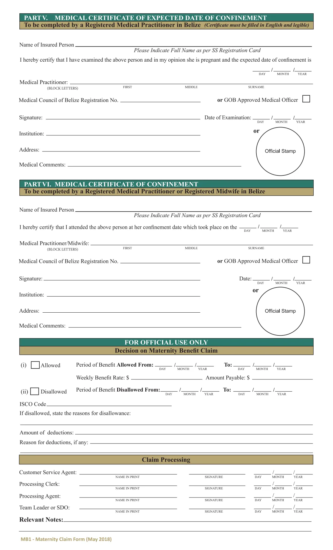 SSB Maternity Benefit claim (MB1) (2018) Claim for Maternity Benefit — page 2 of 2