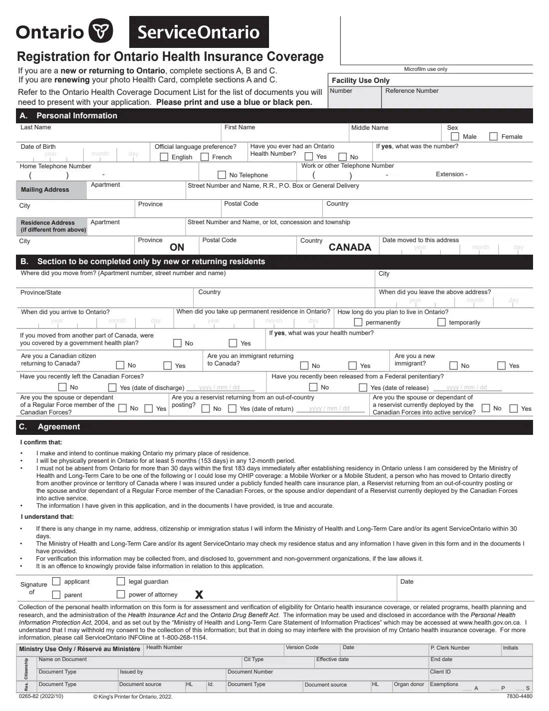 OHIP registration 0265-82 (2022) Registration for Ontario Health Insurance Coverage (OHIP) — page 2 of 3