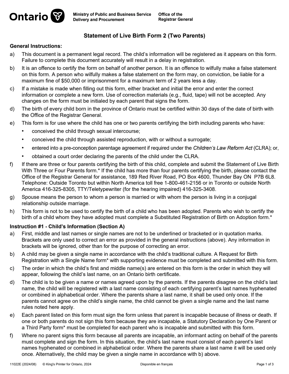 Form 11022 Statement of Live Birth (2024) Statement of Live Birth (Form 2) — page 2 of 4