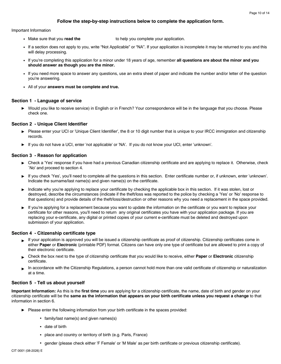 CIT 0001 citizenship certificate (proof) (2026) Application for Citizenship Certificate for Adults and Minors (Proof of Citizenship) — page 10 of 14