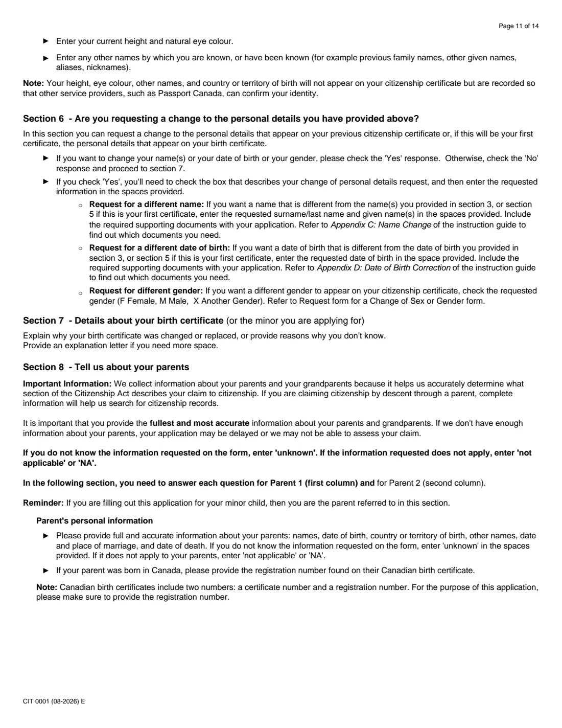 CIT 0001 citizenship certificate (proof) (2026) Application for Citizenship Certificate for Adults and Minors (Proof of Citizenship) — page 11 of 14