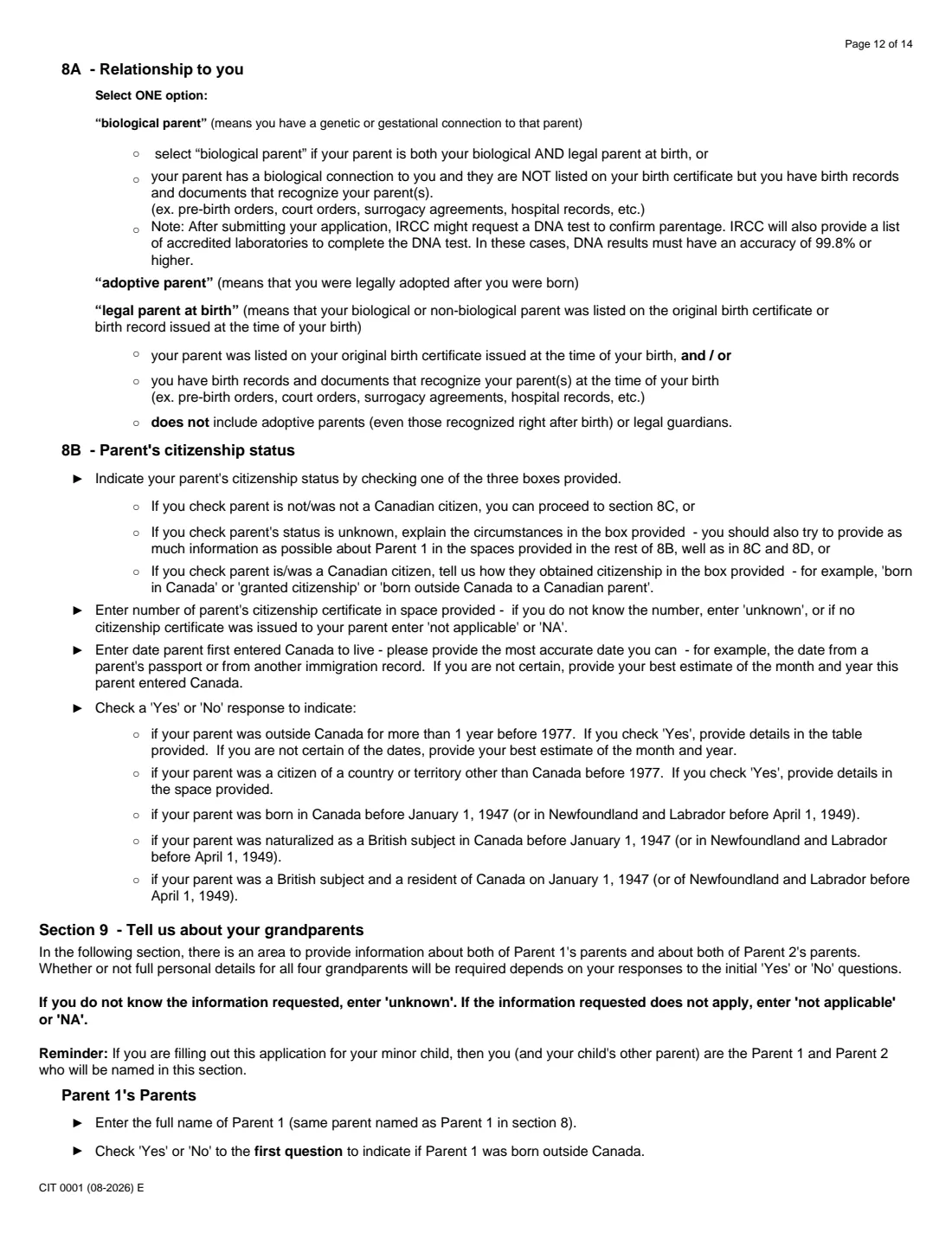 CIT 0001 citizenship certificate (proof) (2026) Application for Citizenship Certificate for Adults and Minors (Proof of Citizenship) — page 12 of 14
