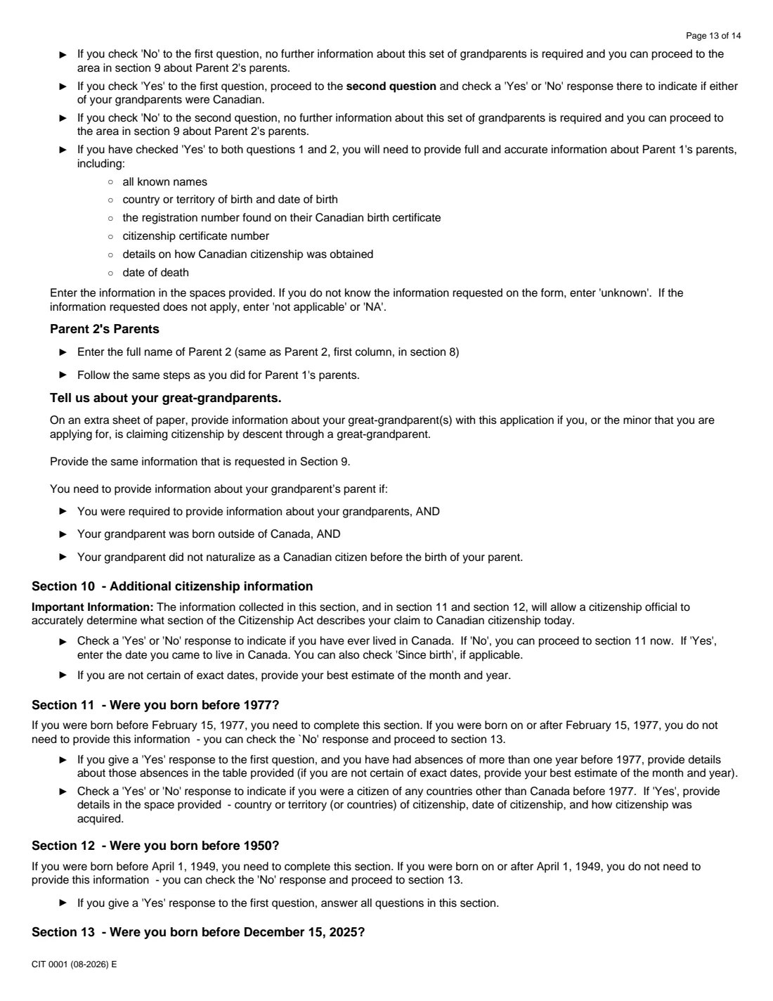 CIT 0001 citizenship certificate (proof) (2026) Application for Citizenship Certificate for Adults and Minors (Proof of Citizenship) — page 13 of 14