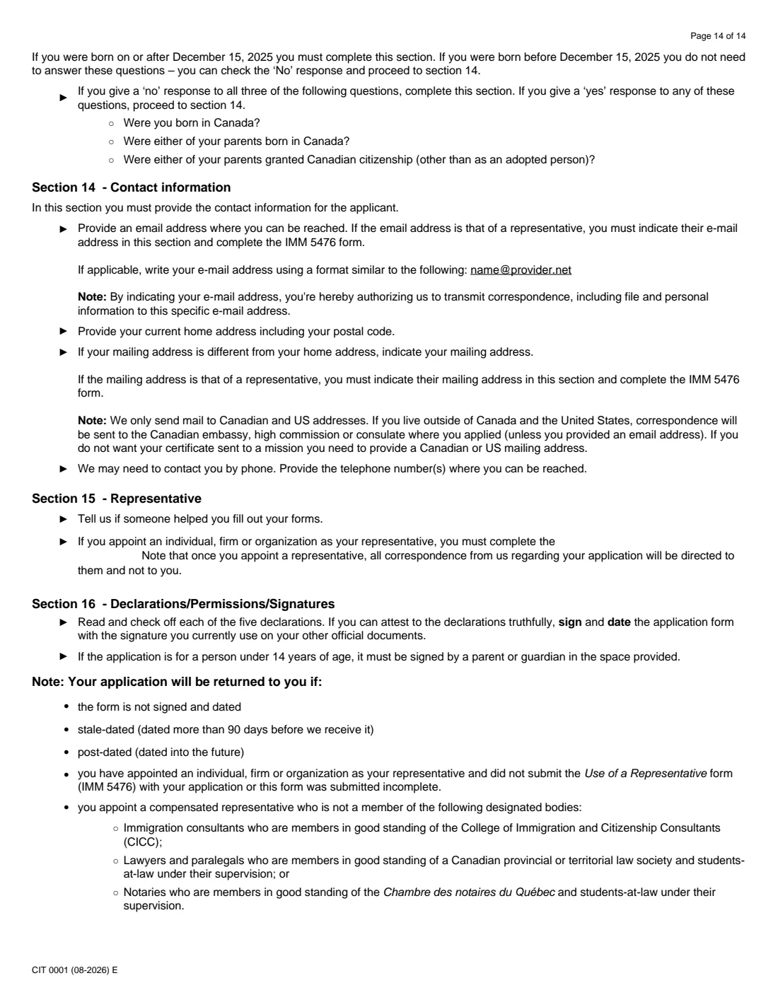 CIT 0001 citizenship certificate (proof) (2026) Application for Citizenship Certificate for Adults and Minors (Proof of Citizenship) — page 14 of 14