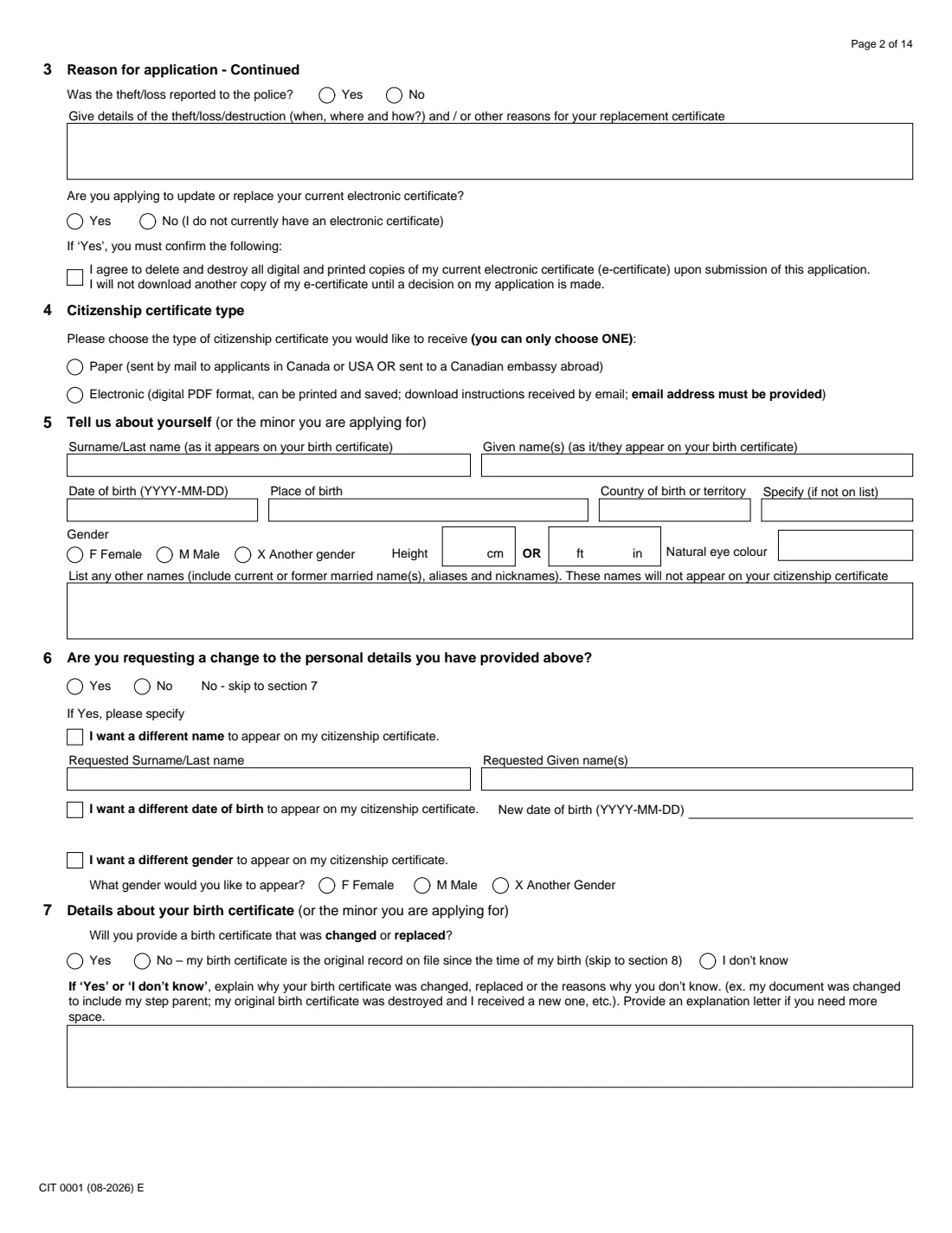CIT 0001 citizenship certificate (proof) (2026) Application for Citizenship Certificate for Adults and Minors (Proof of Citizenship) — page 2 of 14