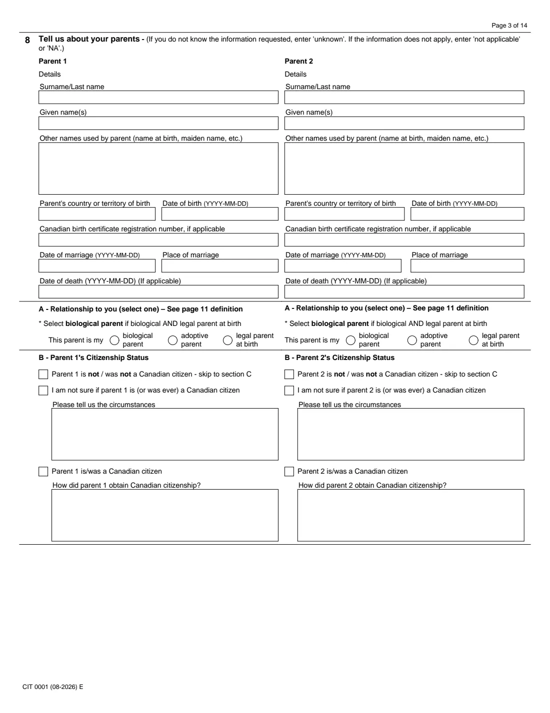 CIT 0001 citizenship certificate (proof) (2026) Application for Citizenship Certificate for Adults and Minors (Proof of Citizenship) — page 3 of 14