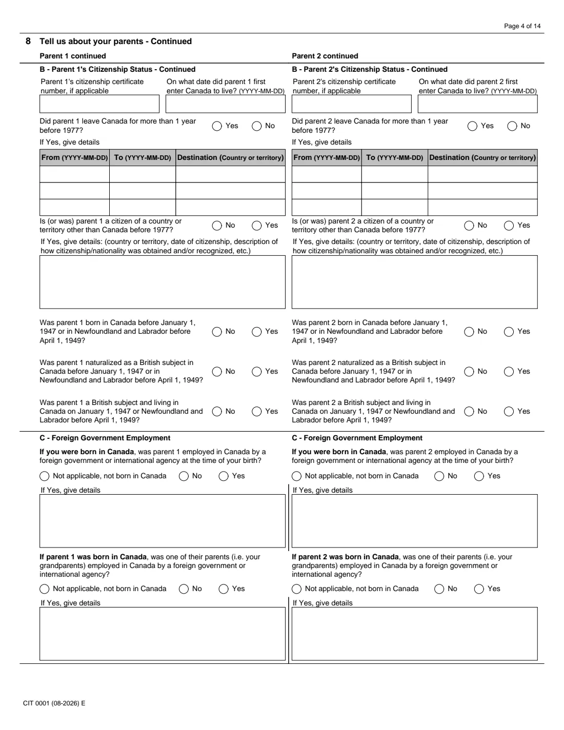 CIT 0001 citizenship certificate (proof) (2026) Application for Citizenship Certificate for Adults and Minors (Proof of Citizenship) — page 4 of 14
