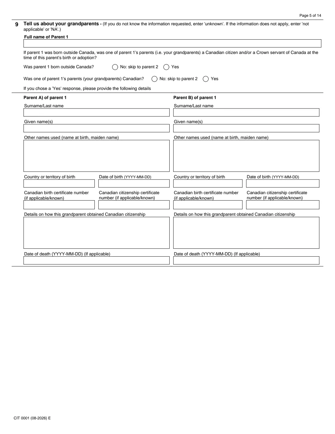 CIT 0001 citizenship certificate (proof) (2026) Application for Citizenship Certificate for Adults and Minors (Proof of Citizenship) — page 5 of 14