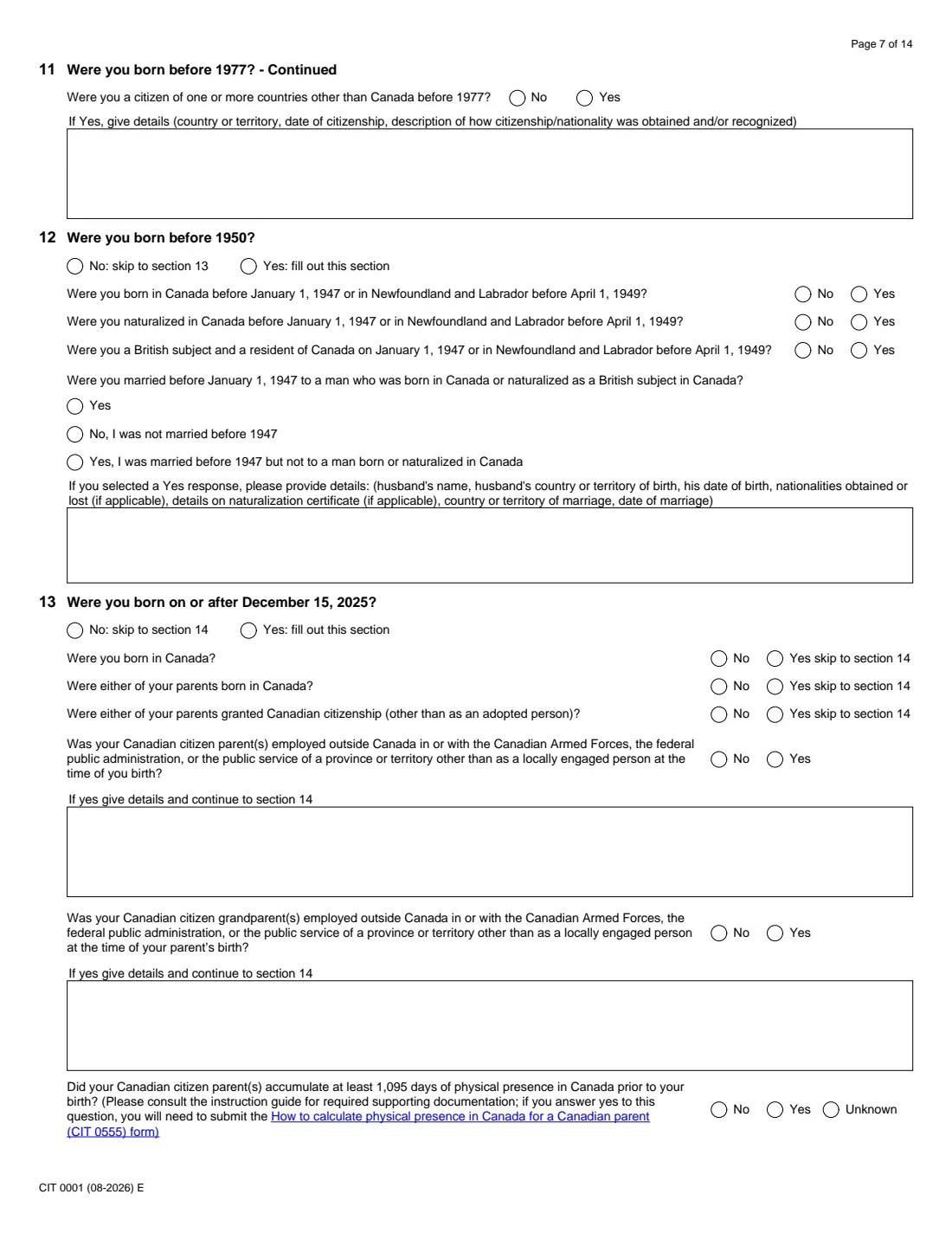 CIT 0001 citizenship certificate (proof) (2026) Application for Citizenship Certificate for Adults and Minors (Proof of Citizenship) — page 7 of 14