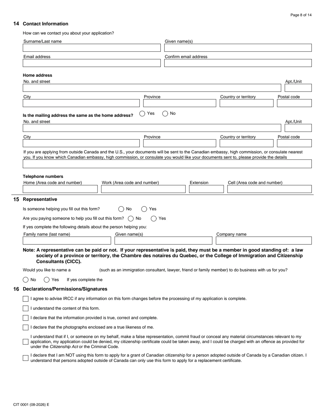 CIT 0001 citizenship certificate (proof) (2026) Application for Citizenship Certificate for Adults and Minors (Proof of Citizenship) — page 8 of 14