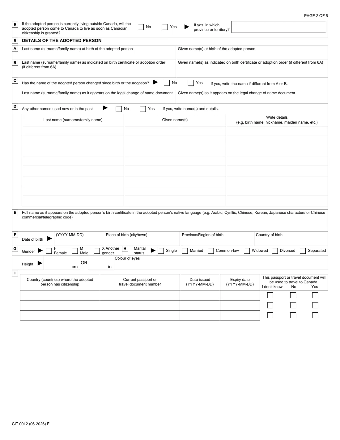 CIT 0012 adoptee's application, Part 2 (2026) Application for Canadian Citizenship for a Person Adopted by a Canadian Citizen (Part 2) — page 2 of 5