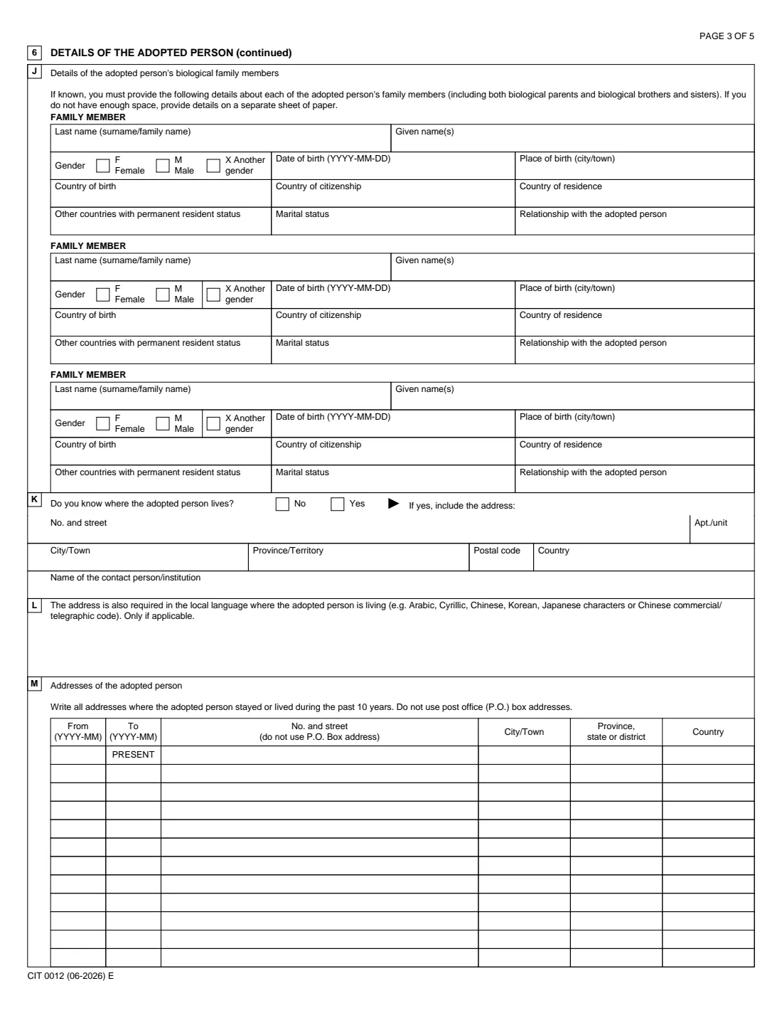CIT 0012 adoptee's application, Part 2 (2026) Application for Canadian Citizenship for a Person Adopted by a Canadian Citizen (Part 2) — page 3 of 5