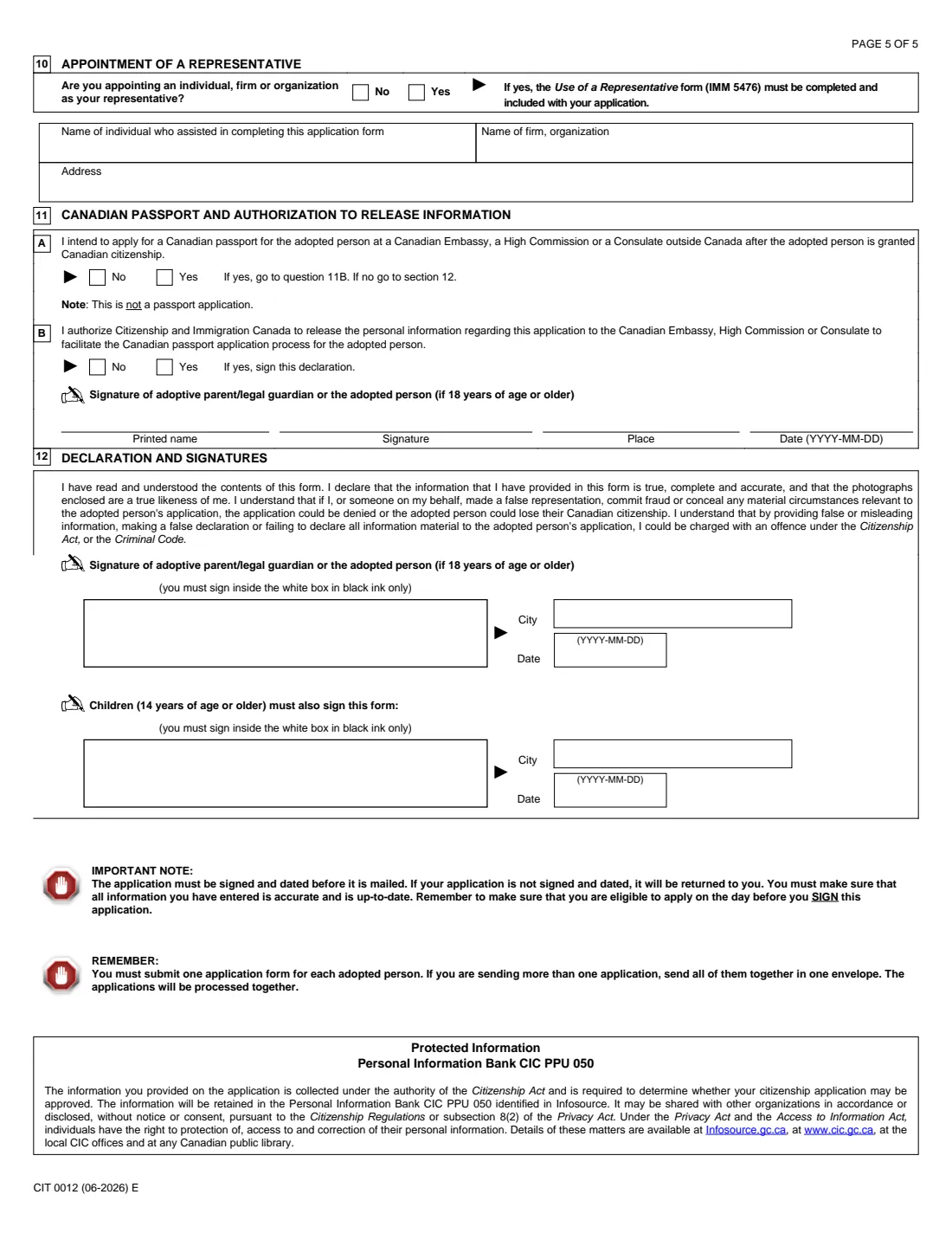 CIT 0012 adoptee's application, Part 2 (2026) Application for Canadian Citizenship for a Person Adopted by a Canadian Citizen (Part 2) — page 5 of 5