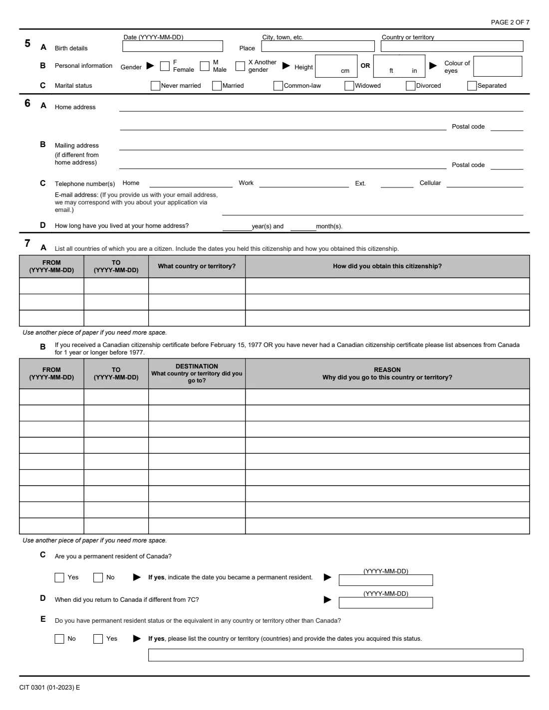 CIT 0301 resume Canadian citizenship (2023) Application to Resume Canadian Citizenship (Subsection 11) — page 2 of 7