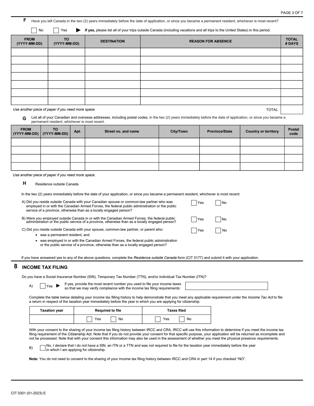 CIT 0301 resume Canadian citizenship (2023) Application to Resume Canadian Citizenship (Subsection 11) — page 3 of 7