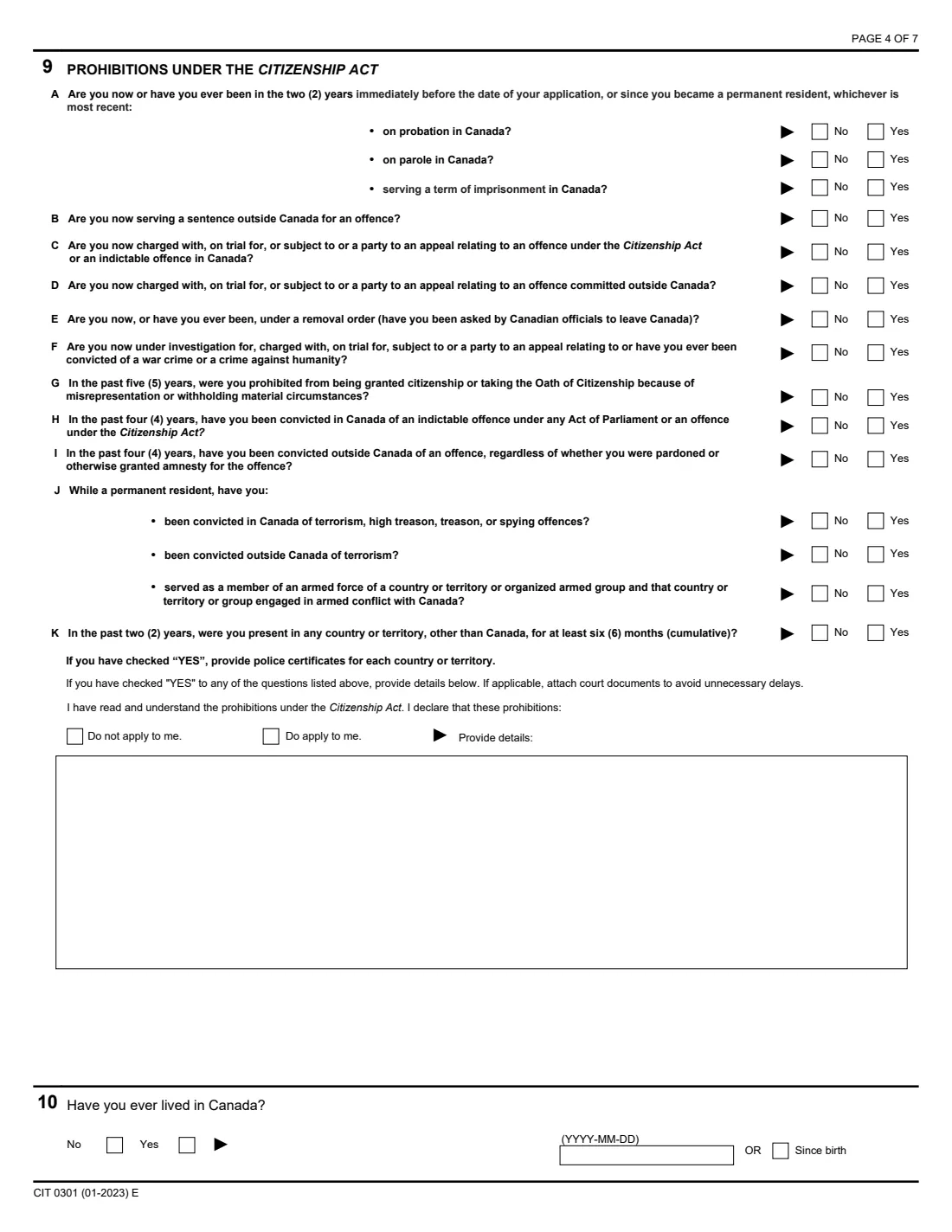 CIT 0301 resume Canadian citizenship (2023) Application to Resume Canadian Citizenship (Subsection 11) — page 4 of 7