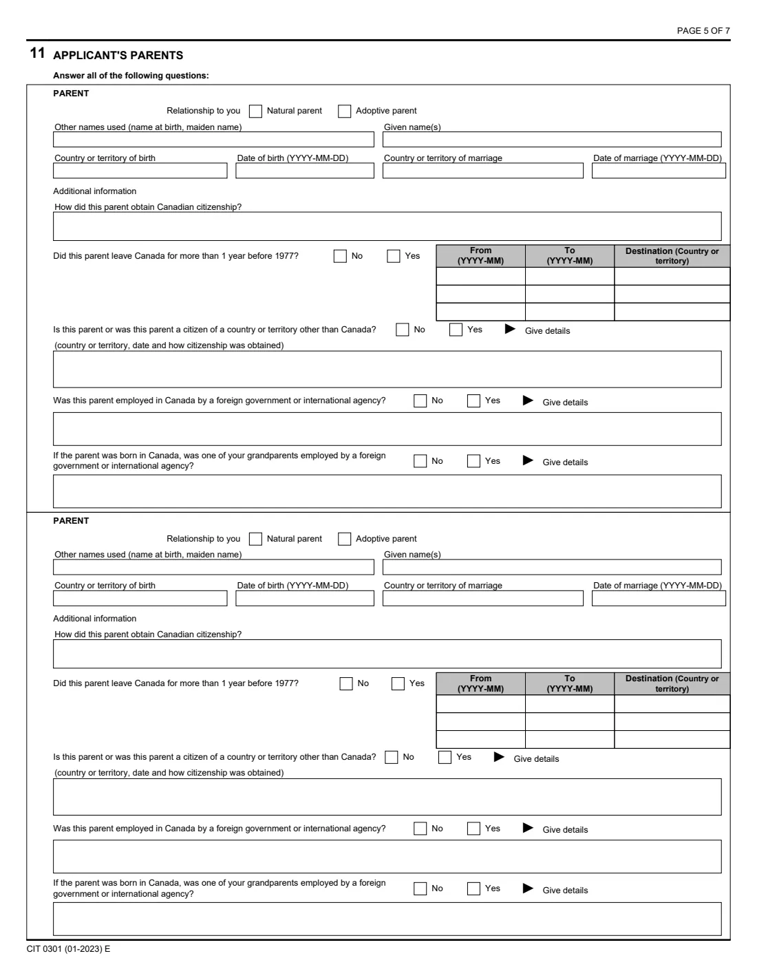 CIT 0301 resume Canadian citizenship (2023) Application to Resume Canadian Citizenship (Subsection 11) — page 5 of 7
