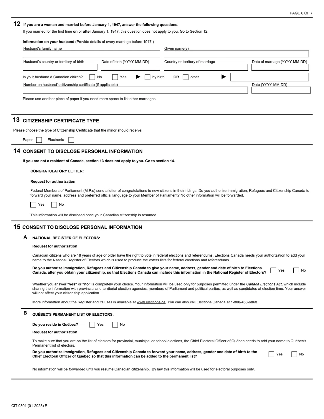 CIT 0301 resume Canadian citizenship (2023) Application to Resume Canadian Citizenship (Subsection 11) — page 6 of 7