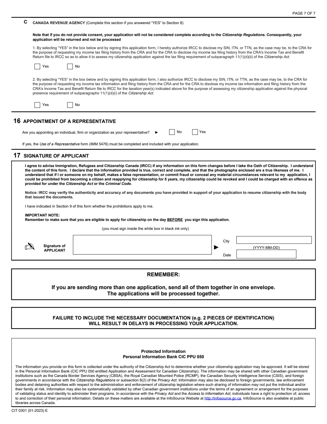CIT 0301 resume Canadian citizenship (2023) Application to Resume Canadian Citizenship (Subsection 11) — page 7 of 7