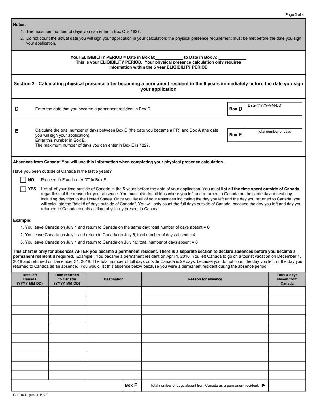 CIT 0407 physical presence calculation (2019) How to Calculate Physical Presence (Citizenship) — page 2 of 4