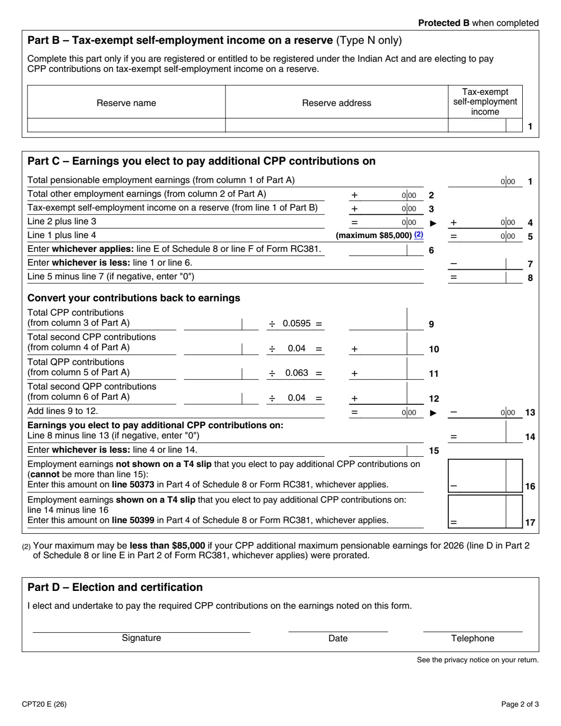 CPT20 (2026) Election to Pay Canada Pension Plan Contributions — page 2 of 3