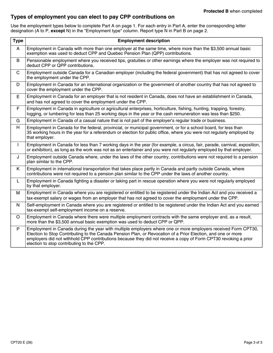 CPT20 (2026) Election to Pay Canada Pension Plan Contributions — page 3 of 3
