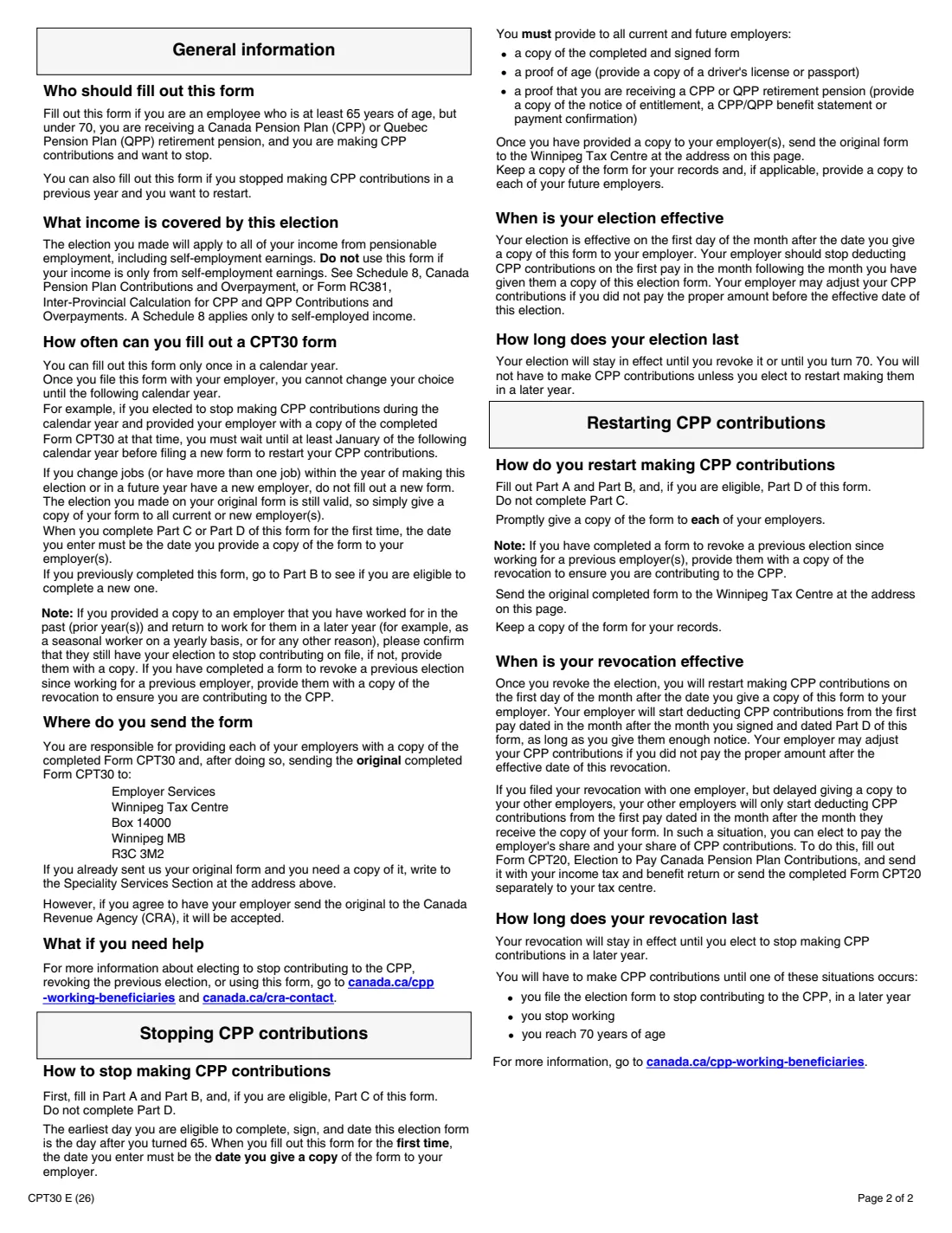 Form CPT30 (2026) Election to Stop Contributing to the Canada Pension Plan, or Revocation of a Prior Election — page 2 of 2
