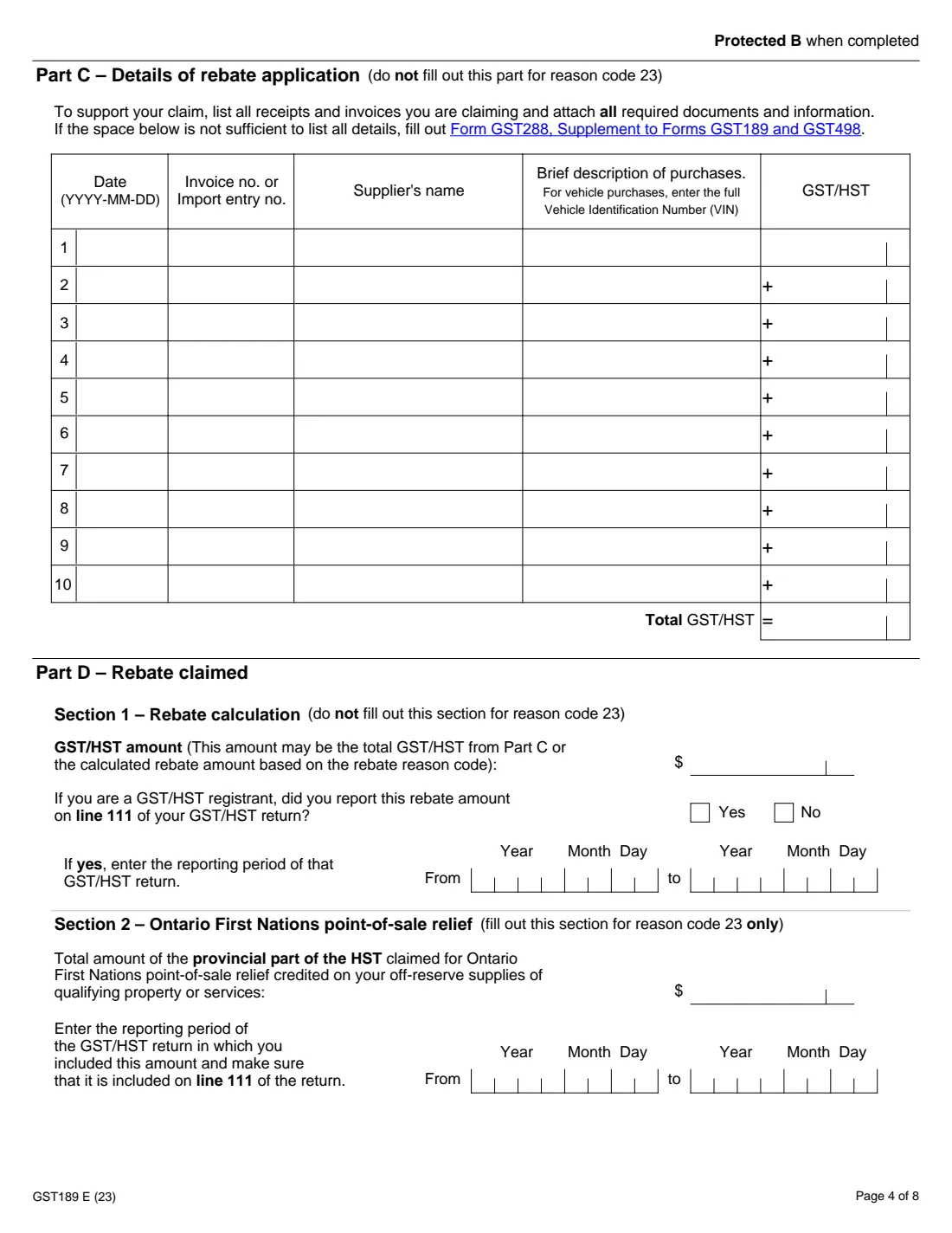 GST189 general GST/HST rebate (2023) General Application for GST/HST Rebates — page 4 of 8
