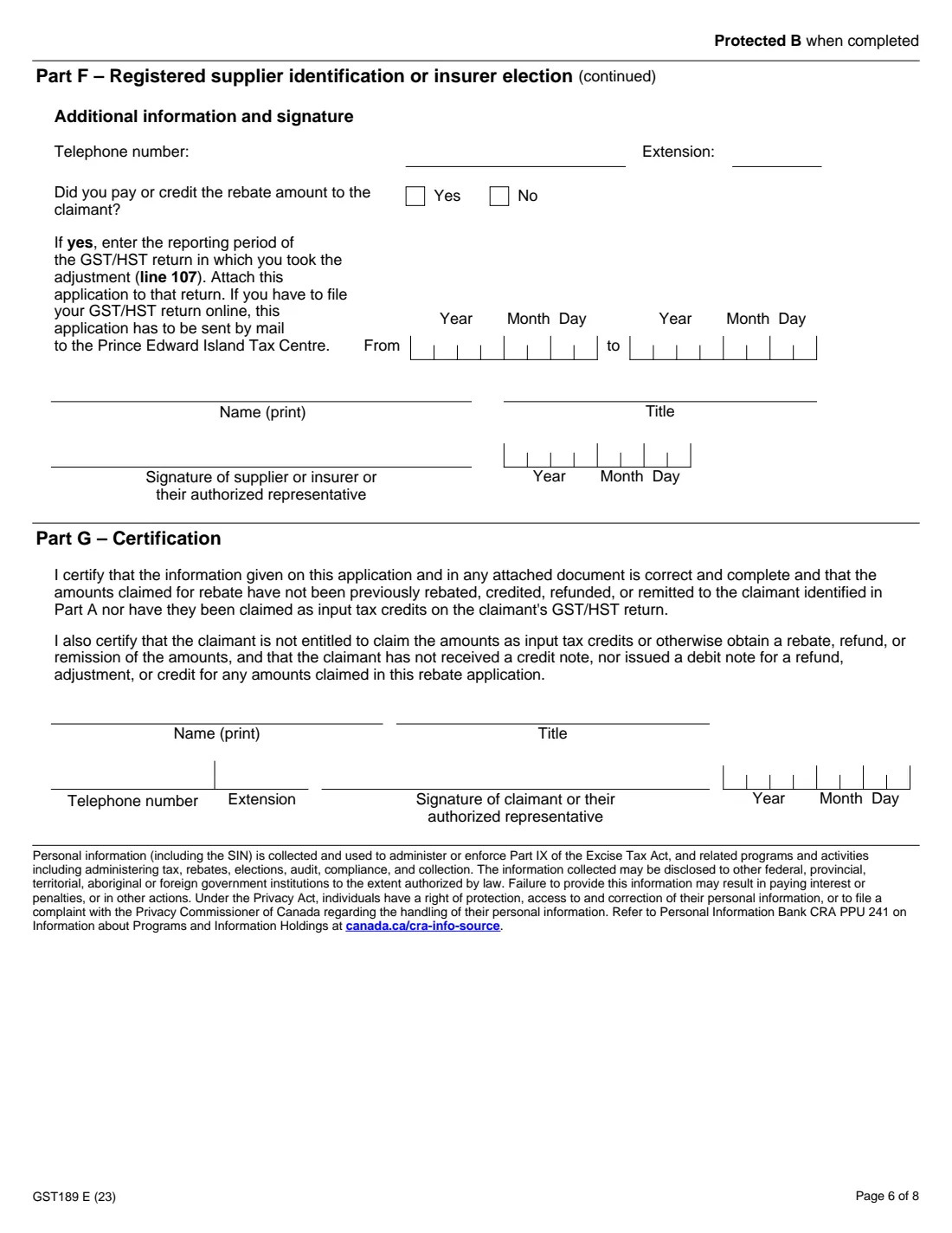 GST189 general GST/HST rebate (2023) General Application for GST/HST Rebates — page 6 of 8