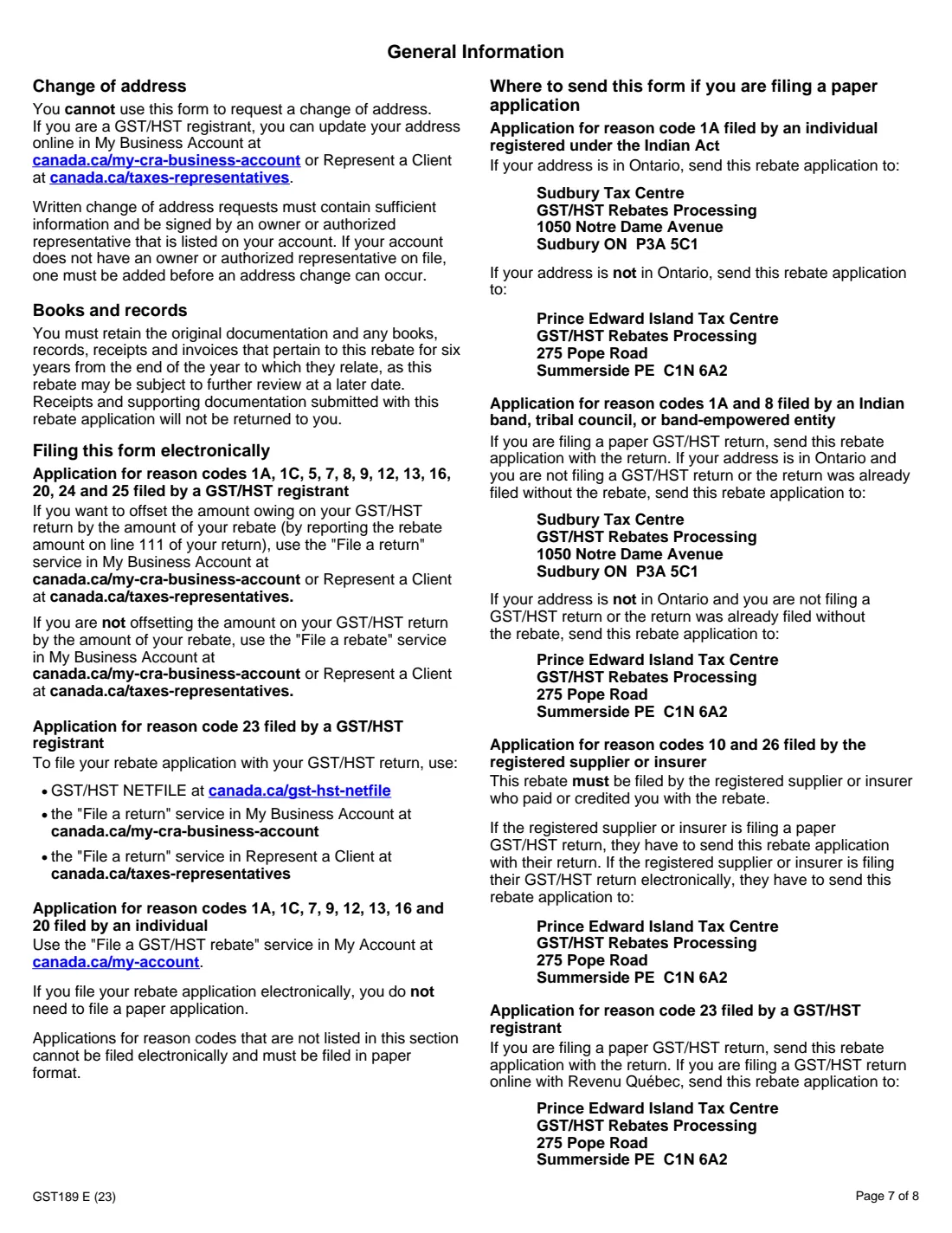 GST189 general GST/HST rebate (2023) General Application for GST/HST Rebates — page 7 of 8