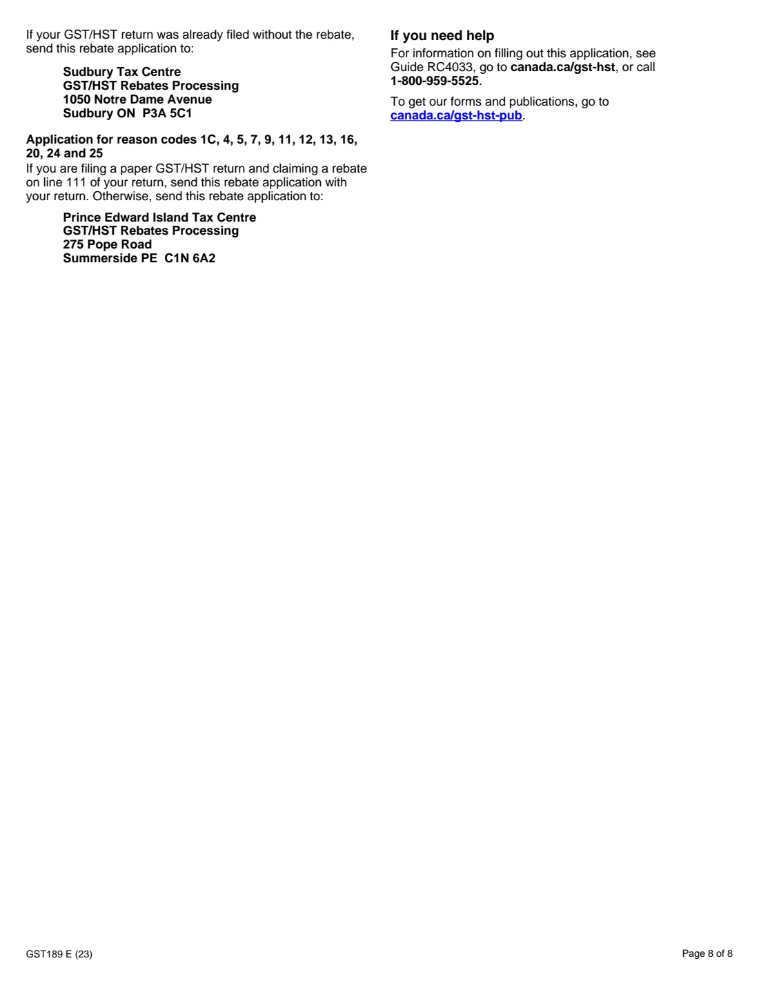GST189 general GST/HST rebate (2023) General Application for GST/HST Rebates — page 8 of 8