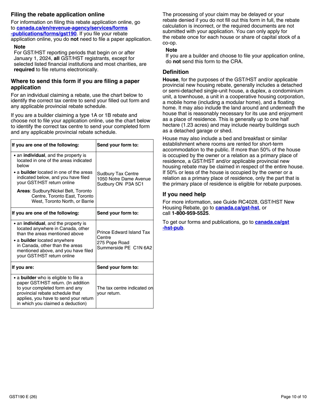 GST190 new house from a builder rebate (2026) GST/HST New Housing Rebate Application for Houses Purchased from a Builder — page 10 of 10