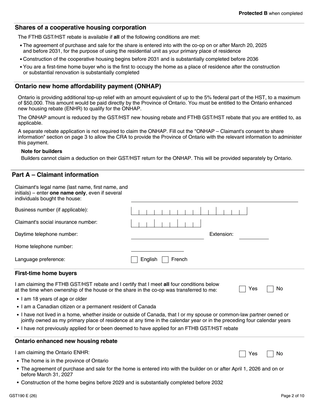 GST190 new house from a builder rebate (2026) GST/HST New Housing Rebate Application for Houses Purchased from a Builder — page 2 of 10