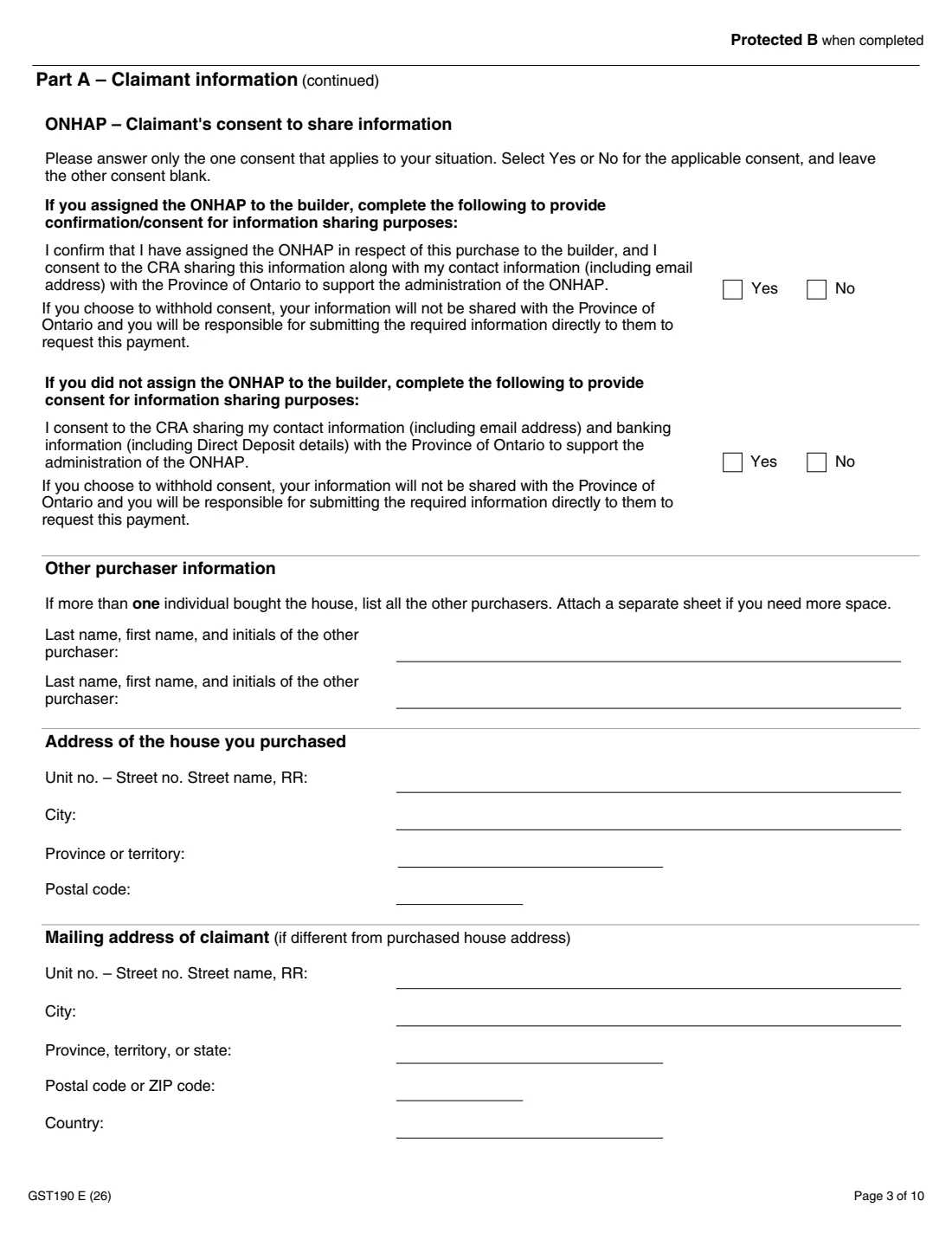 GST190 new house from a builder rebate (2026) GST/HST New Housing Rebate Application for Houses Purchased from a Builder — page 3 of 10
