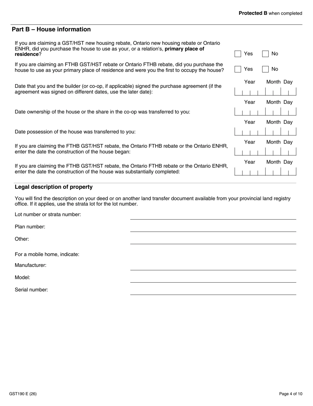 GST190 new house from a builder rebate (2026) GST/HST New Housing Rebate Application for Houses Purchased from a Builder — page 4 of 10
