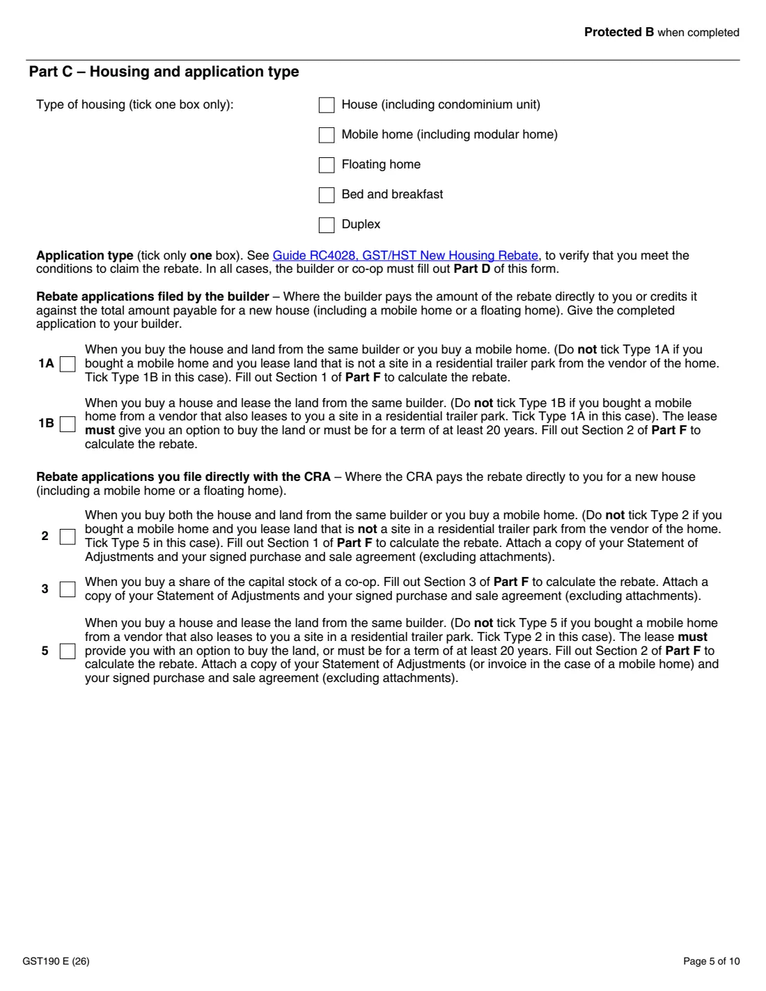 GST190 new house from a builder rebate (2026) GST/HST New Housing Rebate Application for Houses Purchased from a Builder — page 5 of 10
