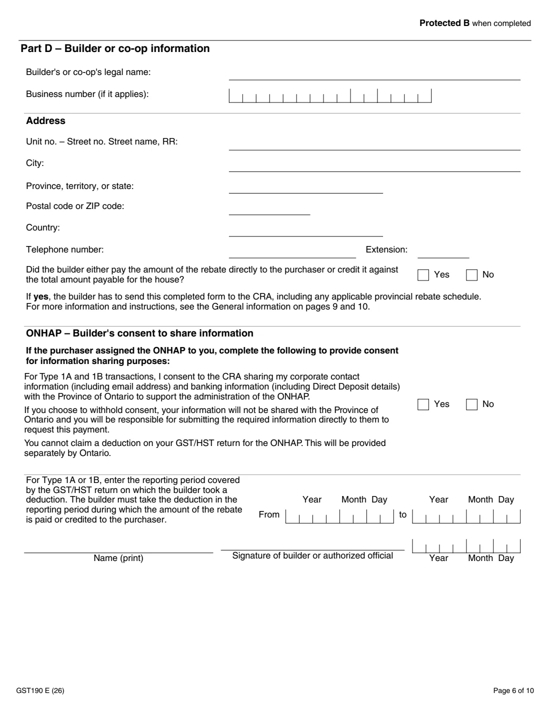 GST190 new house from a builder rebate (2026) GST/HST New Housing Rebate Application for Houses Purchased from a Builder — page 6 of 10