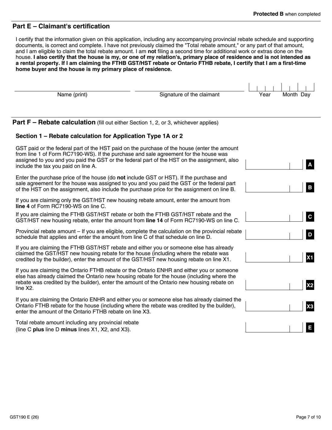 GST190 new house from a builder rebate (2026) GST/HST New Housing Rebate Application for Houses Purchased from a Builder — page 7 of 10