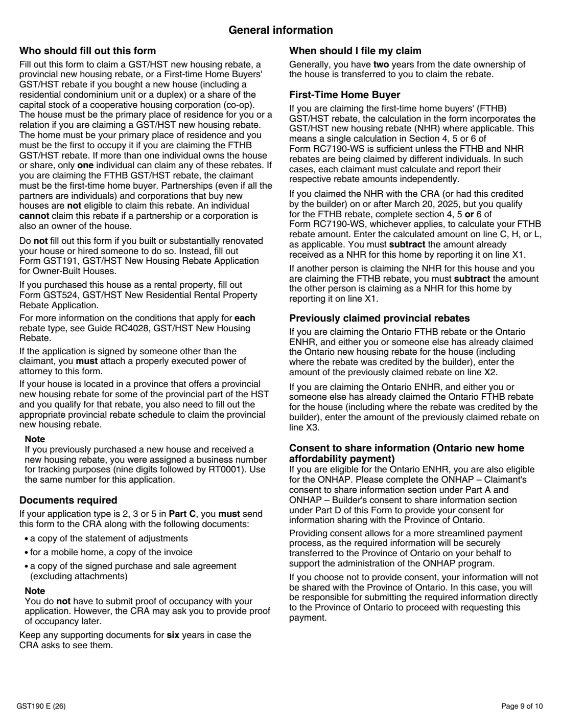 GST190 new house from a builder rebate (2026) GST/HST New Housing Rebate Application for Houses Purchased from a Builder — page 9 of 10
