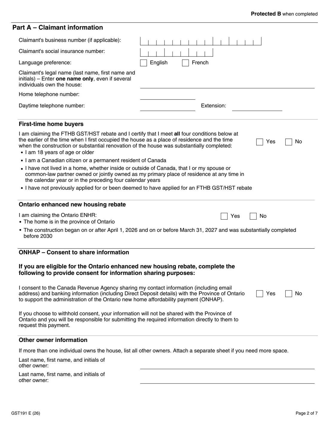 GST191 owner-built house rebate (2026) GST/HST New Housing Rebate Application for Owner-Built Houses — page 2 of 7