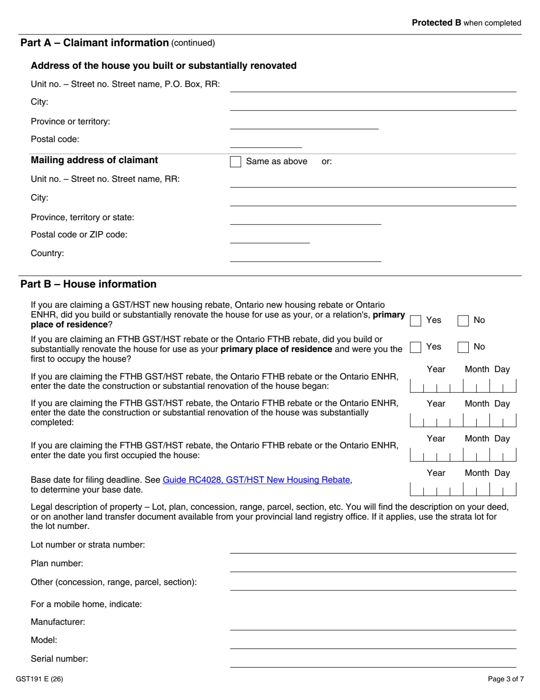 GST191 owner-built house rebate (2026) GST/HST New Housing Rebate Application for Owner-Built Houses — page 3 of 7